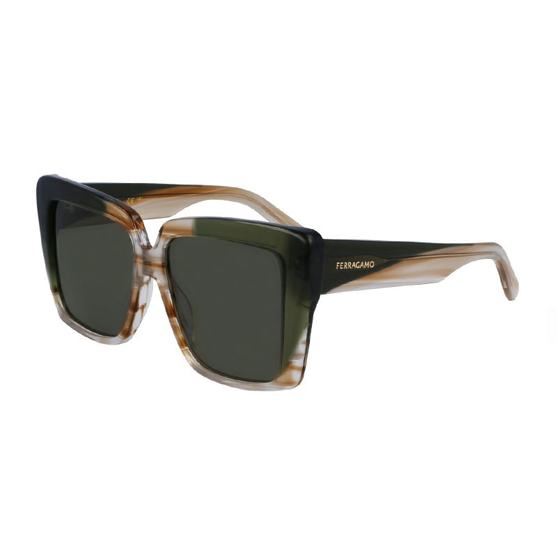 Ferragamo Salvatore Ferragamo Sunglasses Square Full Rim, Striped Honey/Khaki Frame and Green Lens SF1060SN263