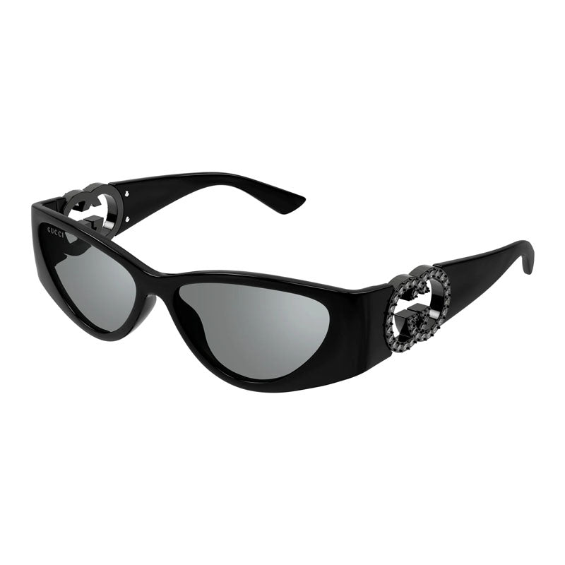 Gucci Sunglasses Cat Eye Full Rim, Shiny Black with Black Stone Frame and Grey Silver Mirror Lens GG1824S004