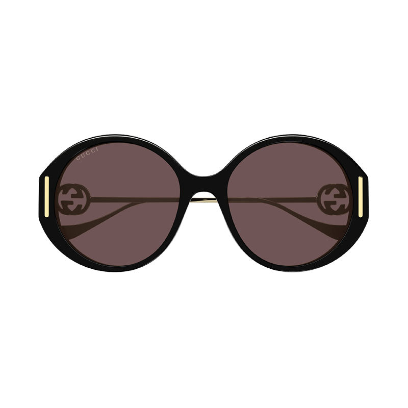 Gucci Sunglasses Round Full Rim, Black/Gold Frame and Brown Lens GG1202S001