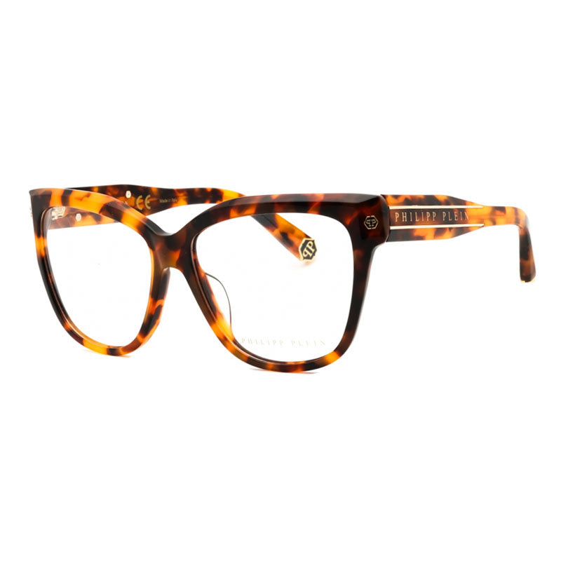 Philipp Plein Eyeglasses Cat Eye Full Rim, Pattern Honey/Black/Olive Frame and Clear Demo Lenses Lens VPP051M0728