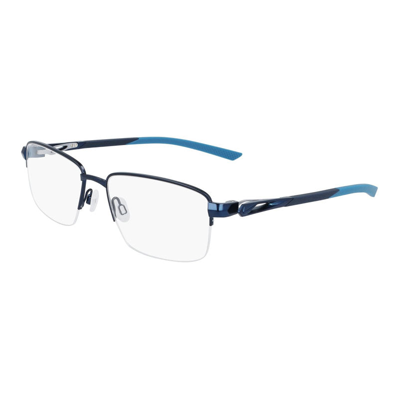 Nike Eyeglasses Rectangle Semi Rim, Satin Navy Frame and Clear Demo Lenses Lens NIKE8141410