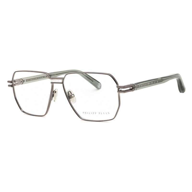 Philipp Plein Eyeglasses Geometric Full Rim, Shiny Gunmetal Frame and Clear Demo Lenses Lens VPP114M0509