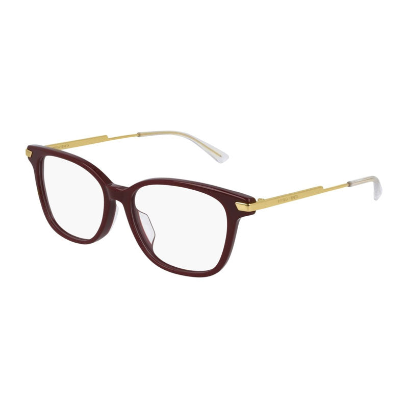 Bottega Veneta Eyeglasses Square Full Rim, Burgundy/Gold Frame and Clear Demo Lenses Lens BV1074OA004