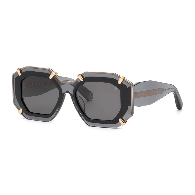 Philipp Plein Sunglasses Geometric Full Rim, Shiny Transparent Grey Frame and Grey Lens SPP098V0819