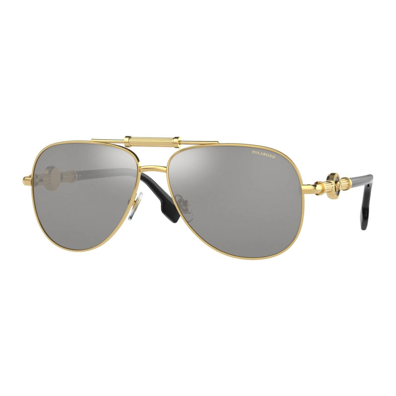 Versace Sunglasses Aviator Full Rim, Gold Frame and Polarized Grey Mirror Silver Lens VE22361002Z3