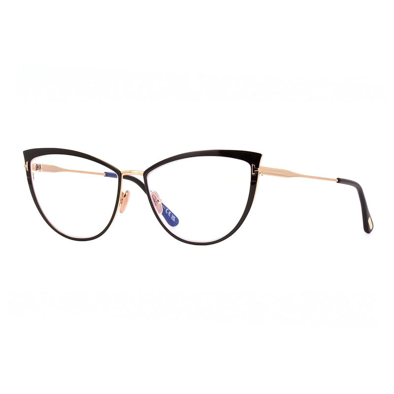 Tom Ford Eyeglasses Cat Eye Full Rim, Shiny Black/Gold Frame and Clear Blue Light Block Lens FT5877-B001