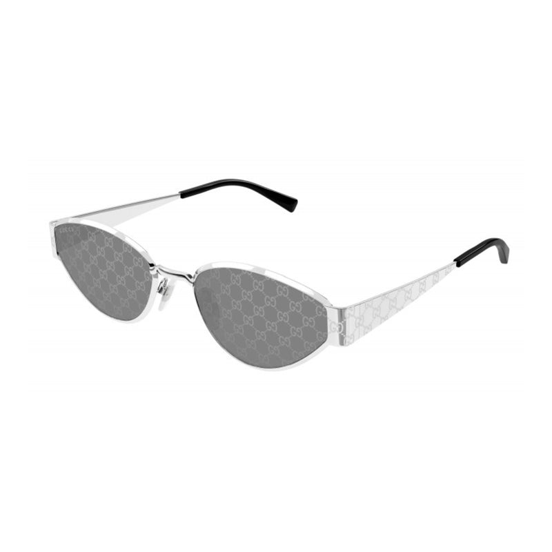 Gucci Sunglasses Oval Full Rim, Silver Frame and Grey with GG Pattern Silver Mirror Lens GG1853S002